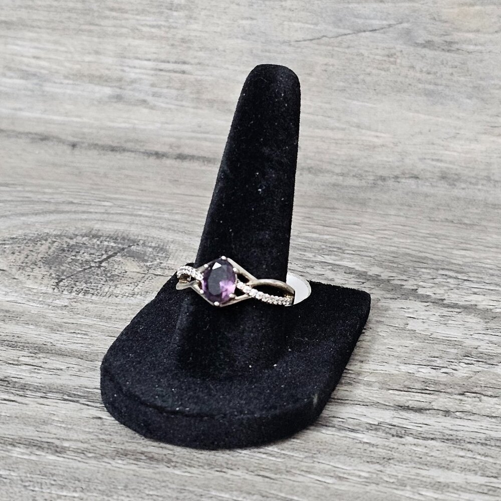 Lab Created Silver Tone New Oval Amethyst And Diamond CZ Intertwined Accent Ring